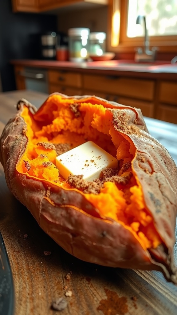 A baked sweet potato split open with butter and cinnamon on a rustic wooden table.